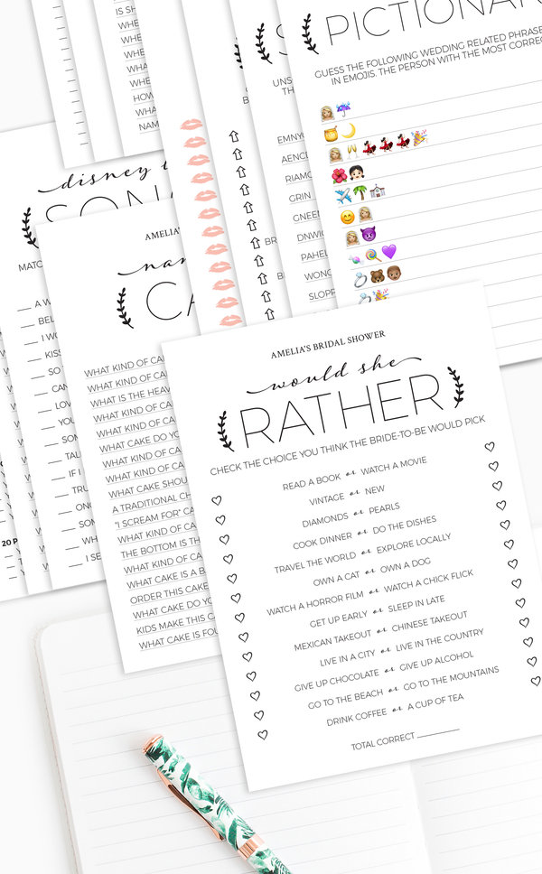Set of 12 printable Bridal Shower games in black and white