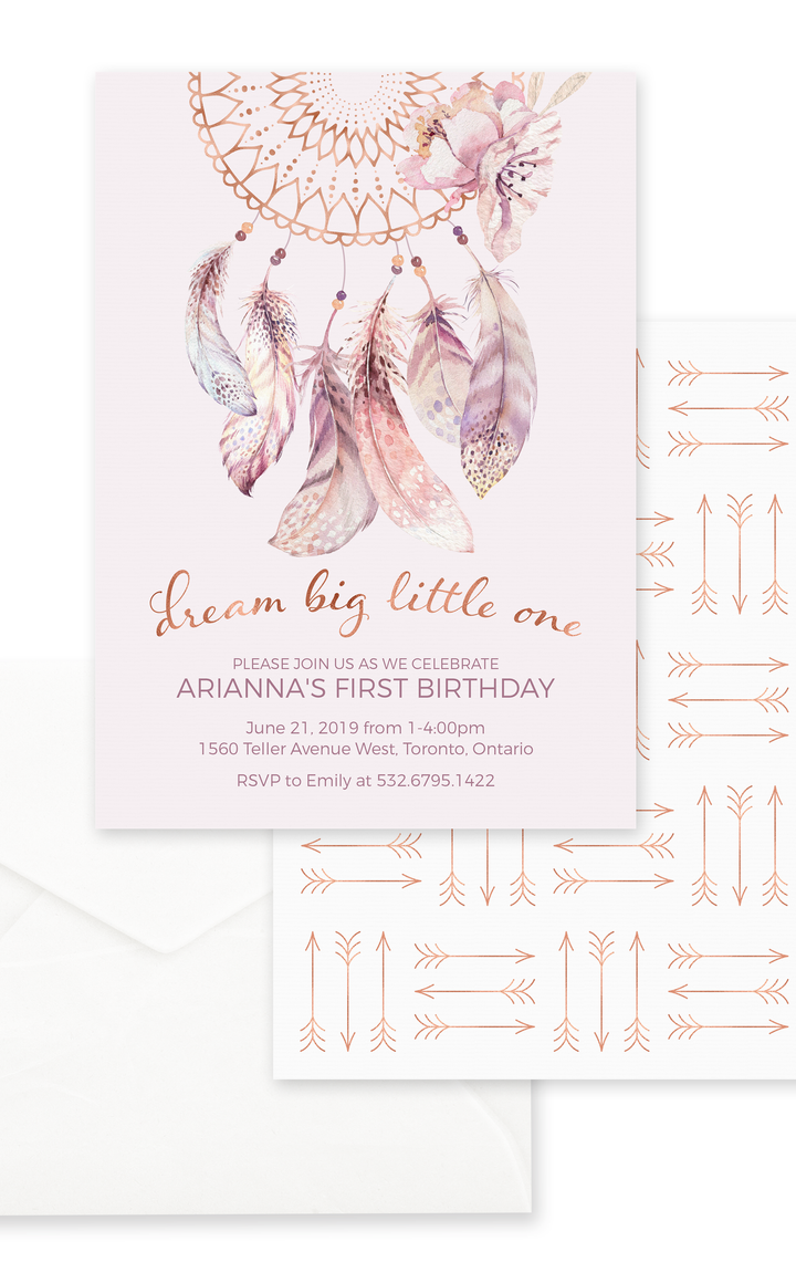 Dream catcher kids birthday invitation with feathers and arrows, rose gold and light purple