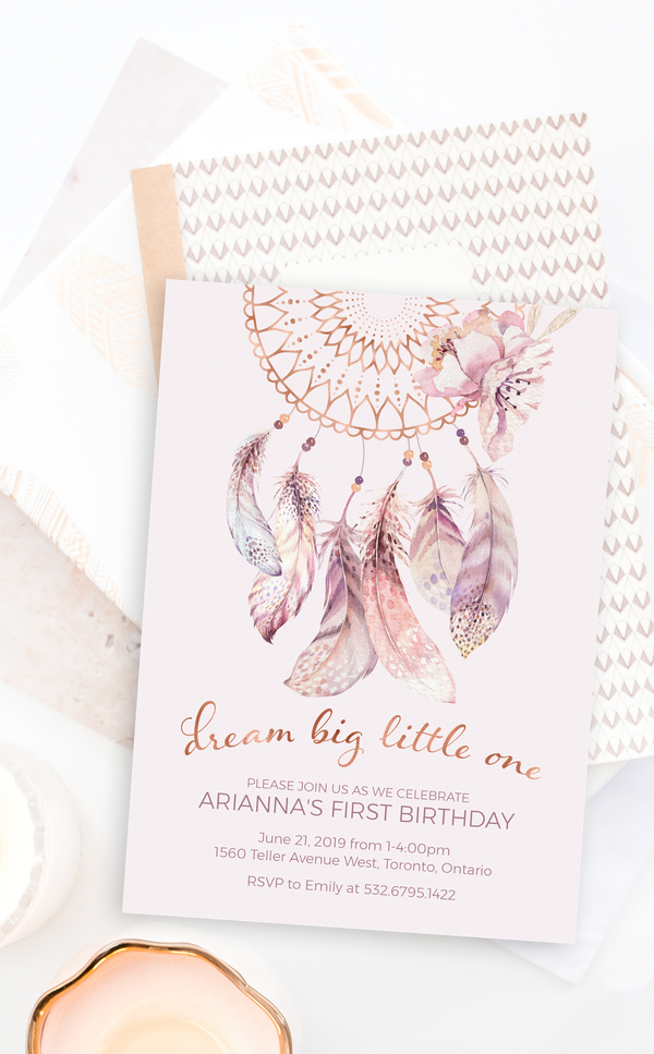 Printable dream catcher birthday party invitation for boho girl birthday