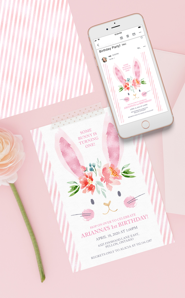 Printable pink bunny birthday party invitation for girl bunny party