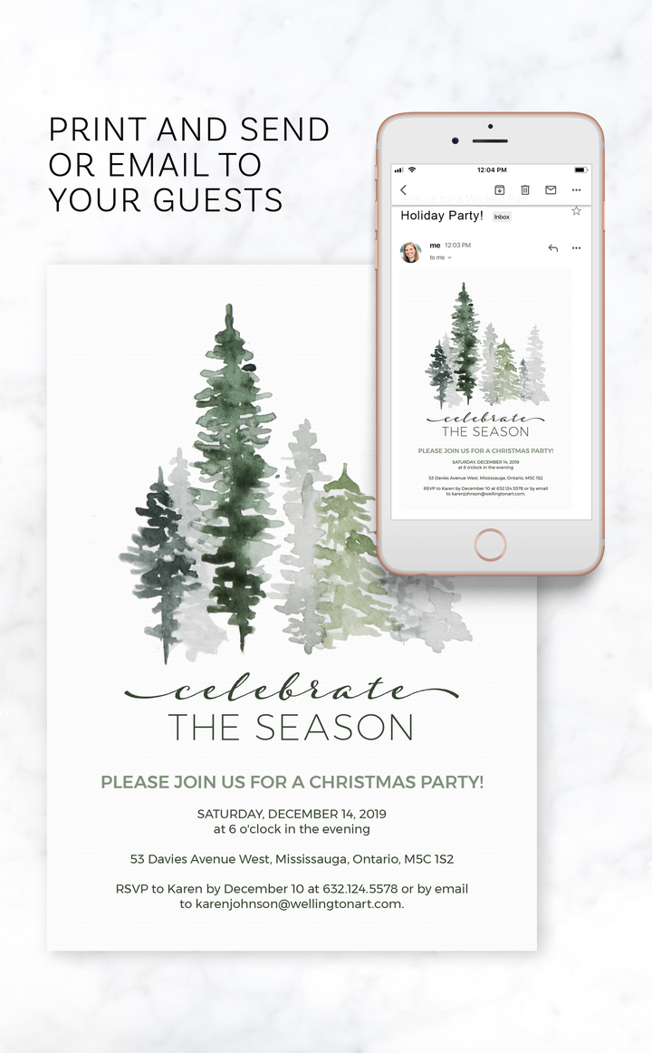 Evergreen Trees Celebrate the Season Christmas Party Invitation - ARRA Creative
