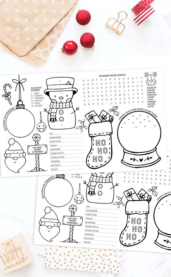 Printable kids activity placemats for Christmas dinner or Holiday party 