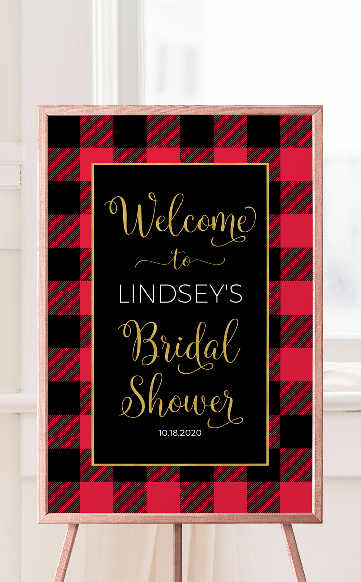 Flannel and Fizz Bridal Shower Welcome Sign in Red and Black Buffalo Plaid