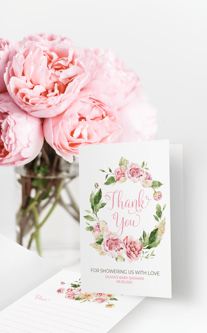 Pink Floral Thank You Card for Baby in Bloom Baby Shower - Printable Editable Template