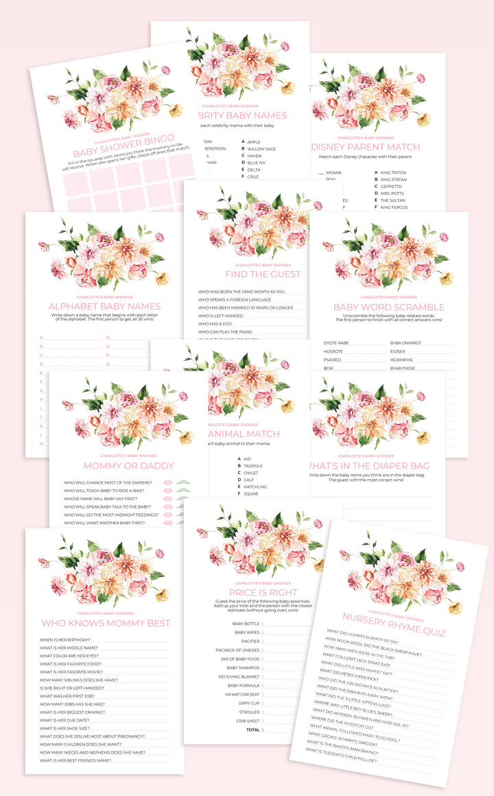 Printable Baby Shower Games for Baby in Bloom Baby Shower Theme - ARRA Creative