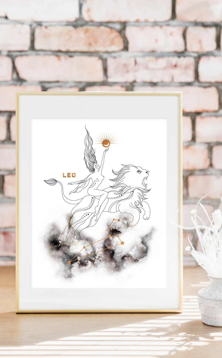 Leo Zodiac Sign Astrology Print with Leo Constellation in black and gold