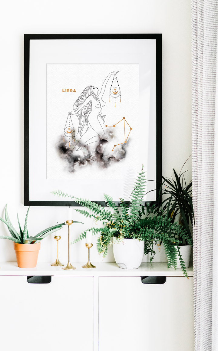 Libra Zodiac Sign Astrology Print with Libra Constellation in black and gold