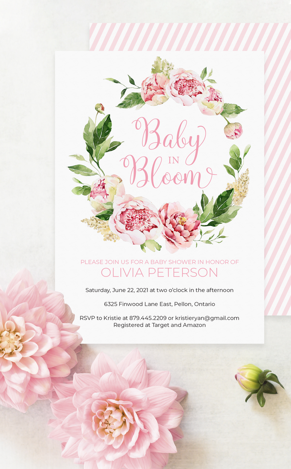 Baby in Bloom shower invitation with pink peonies