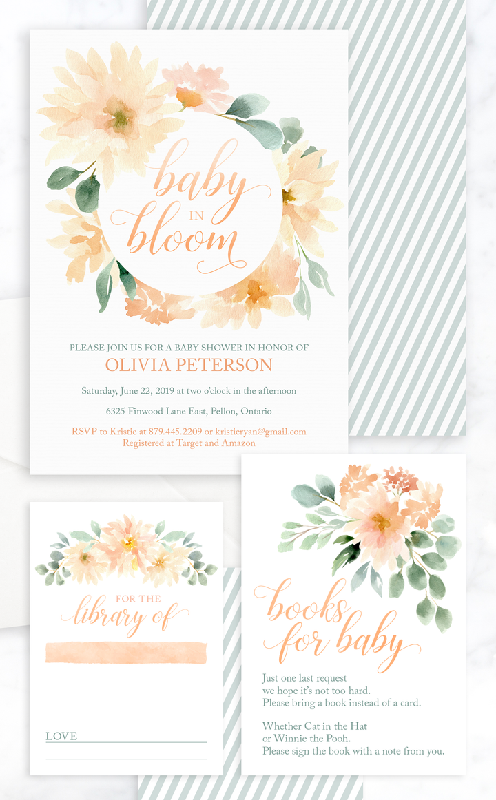 Baby in Bloom printable baby shower invitation and book request cards