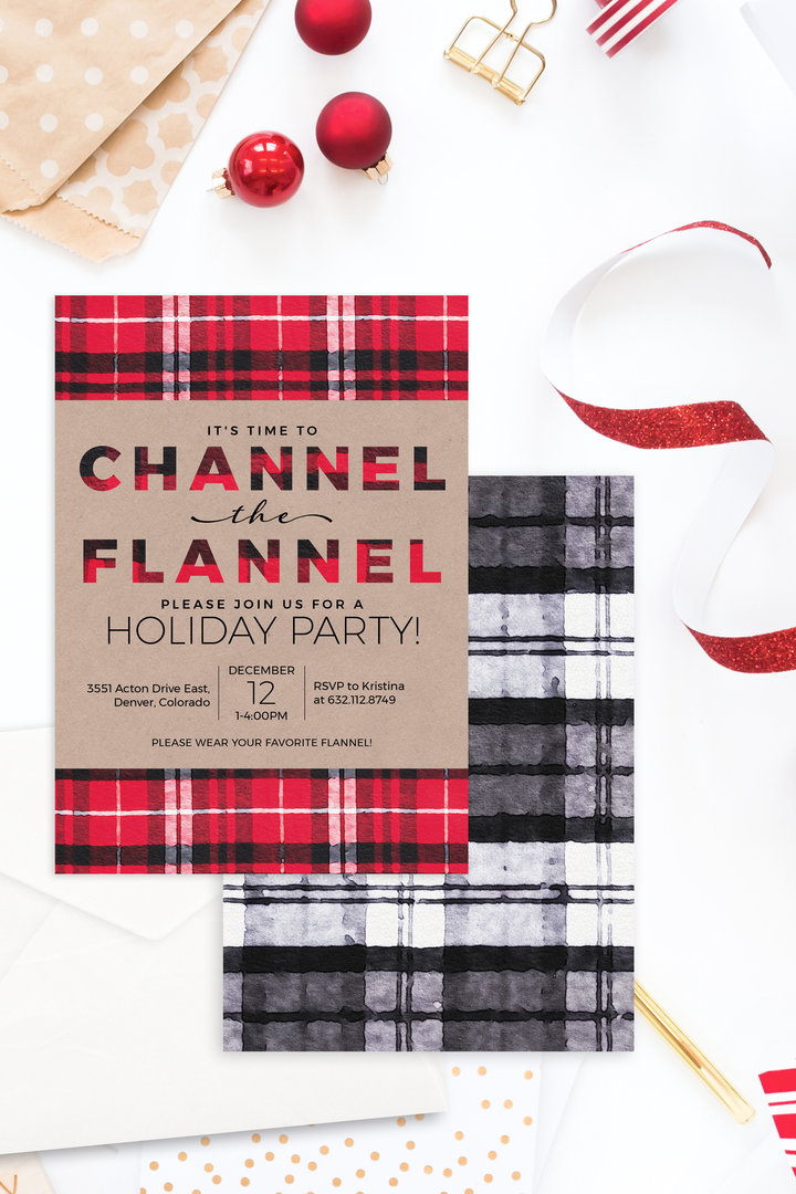 Channel the Flannel Christmas party invitation with red Buffalo plaid