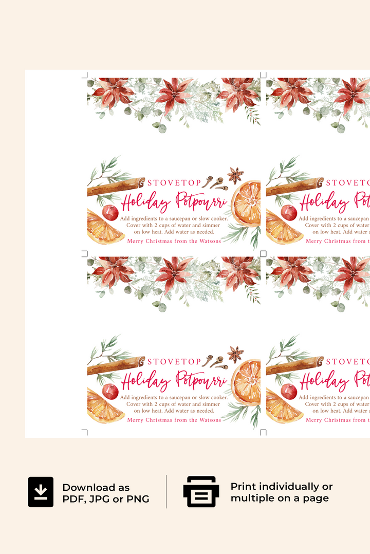 Christmas gift tags for bags of Holiday stovetop potpourri