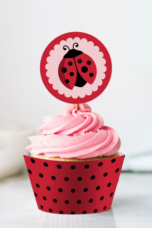 Ladybug theme cupcake toppers and wrappers for first birthday party