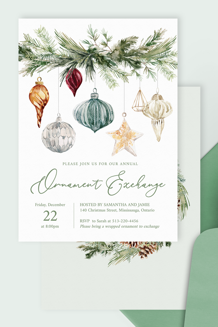 Holiday ornament exchange Christmas party invitation template