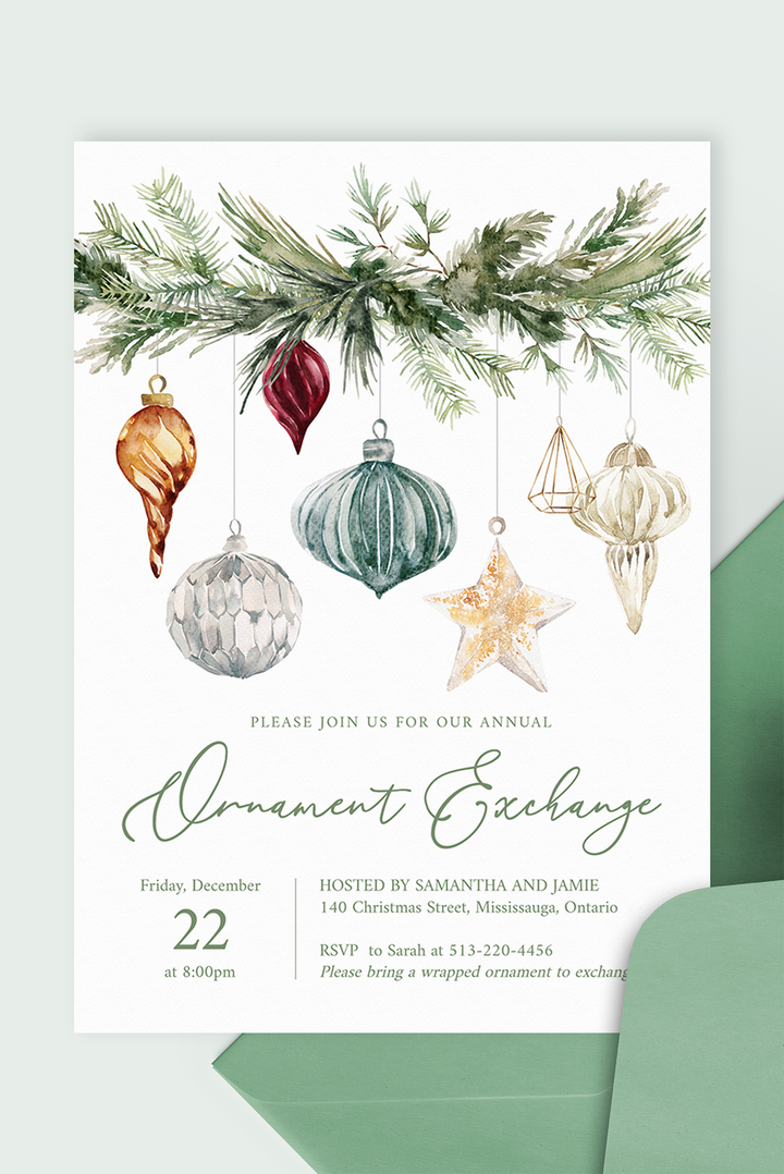 Holiday ornament exchange Christmas party invitation template
