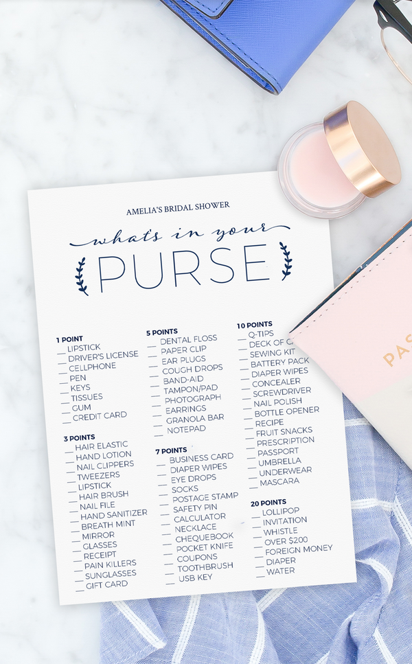 Navy What's in Your Purse Bridal Shower Game - ARRA Creative