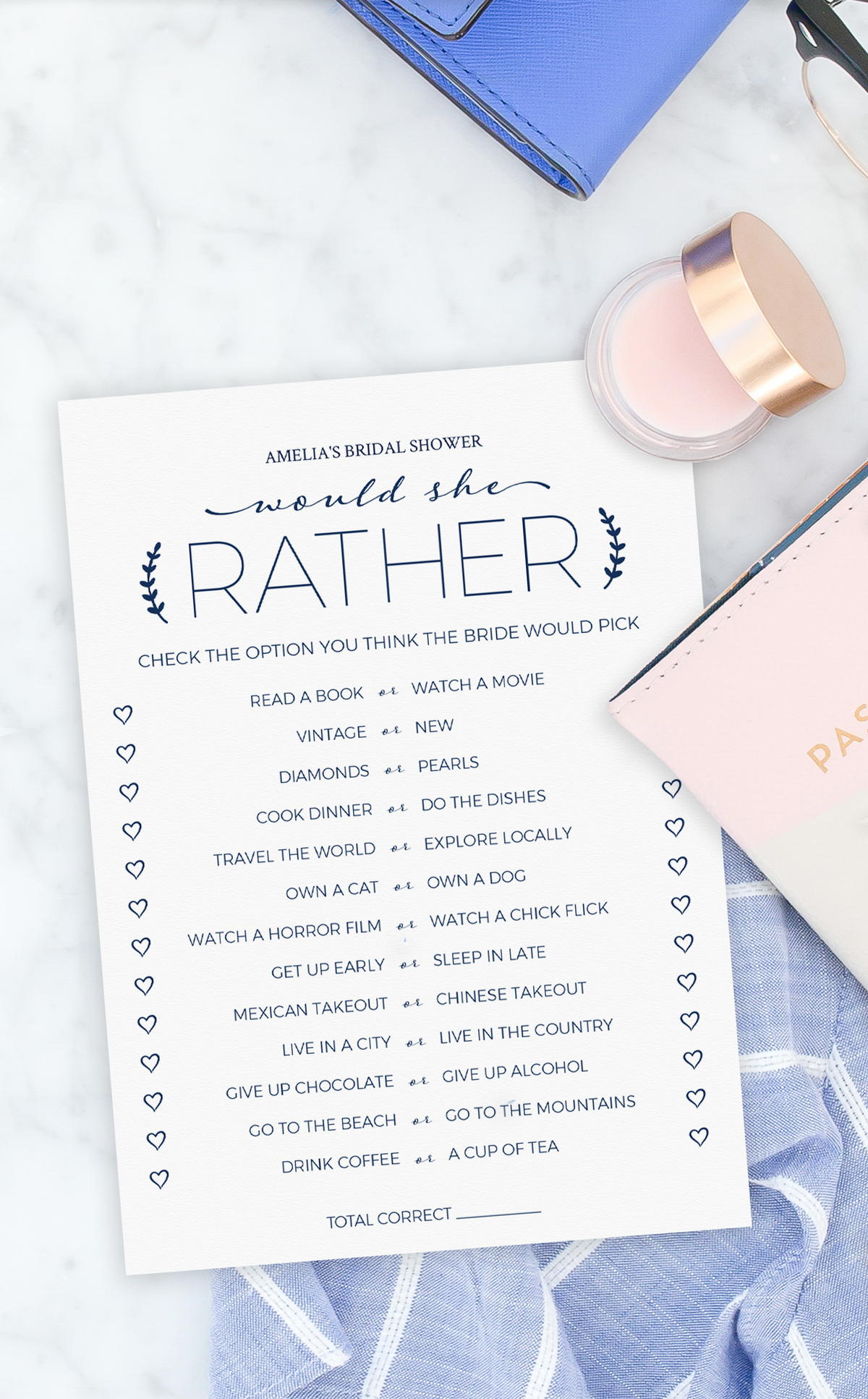 Printable Bridal Shower Games Template | Would She Rather – ARRA Creative for Free Printable Bridal Shower Games Would She Rather