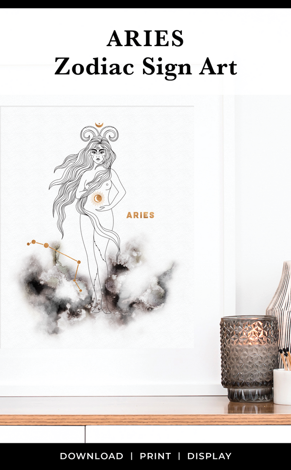 Zodiac signs art for Aries Horoscope | Aries Astrology Print with Constellation in black and gold