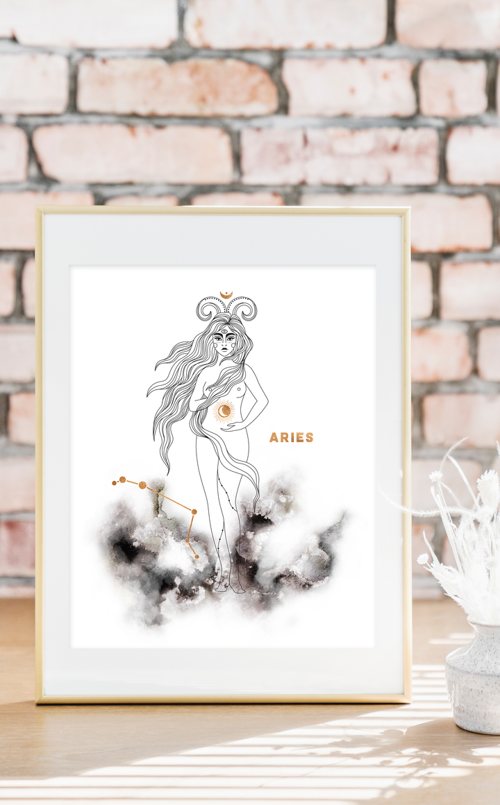 Aries Zodiac Astrology Print with Aries Constellation in black and gold