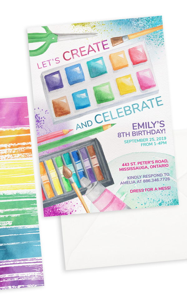 Birthday party invitation with paintbrushes, paint, pastels and scissors for a kids art party