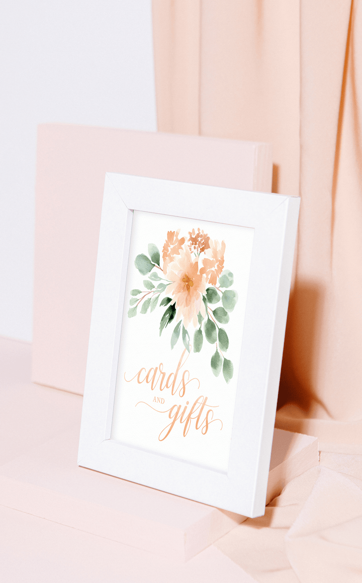 Peach Floral Baby Shower Cards and Gifts Sign - Printable Baby Shower Decorations