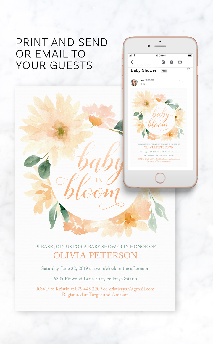 Baby in Bloom printable baby shower invitation with peach floral wreath and greenery