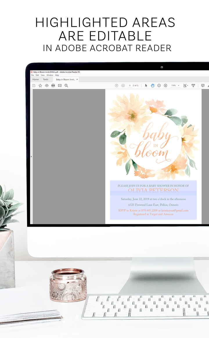 Baby in Bloom printable baby shower invitation you can personalize