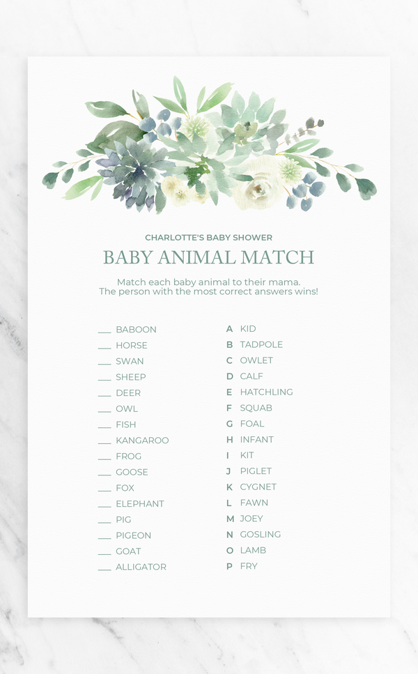 Succulent Baby Animal Match Baby Shower Game - ARRA Creative