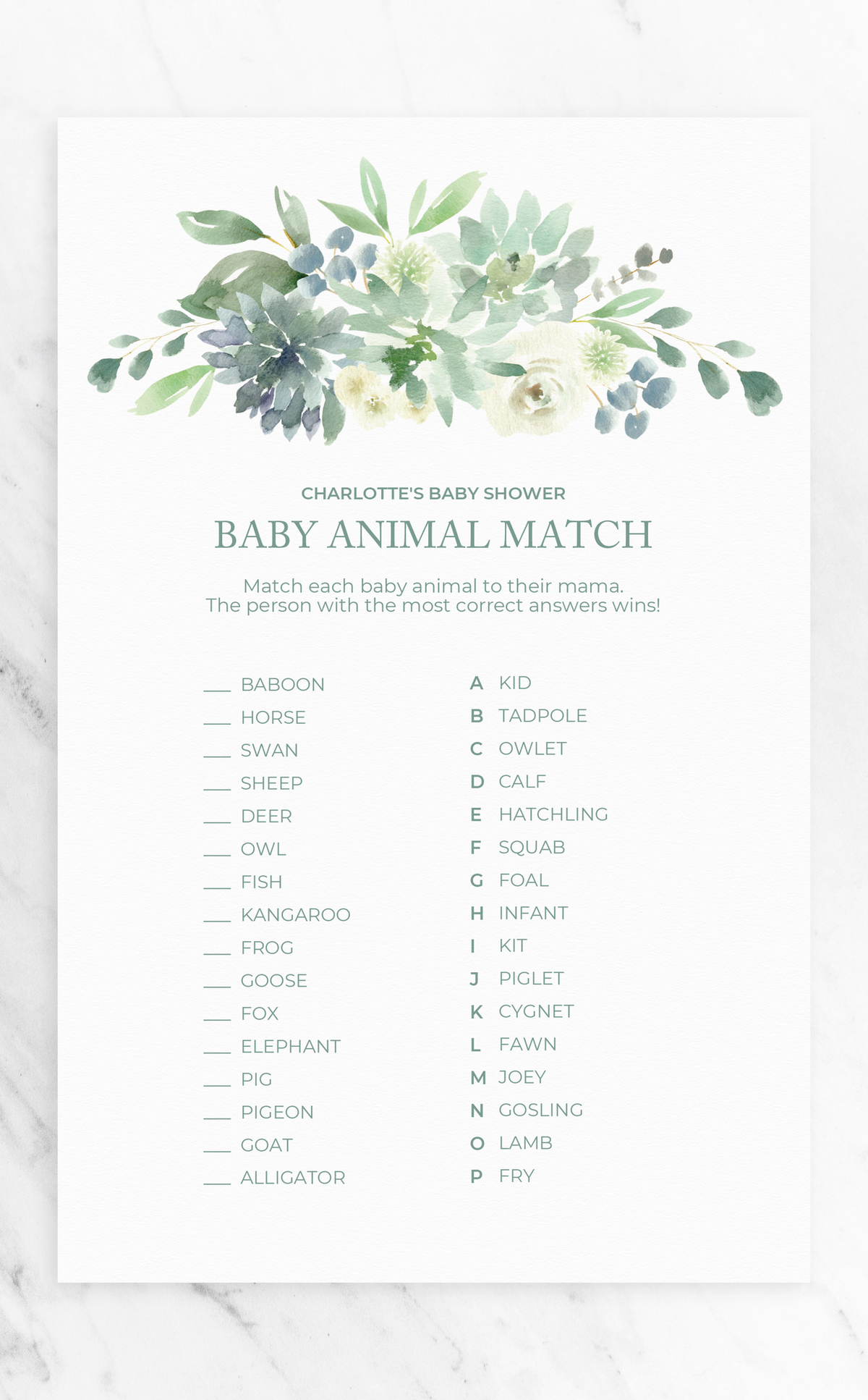 succulent game animal Succulent Baby Animal Match Baby Shower Game