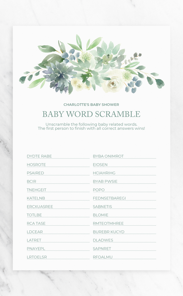 Succulent Word Scramble Baby Shower Game - ARRA Creative