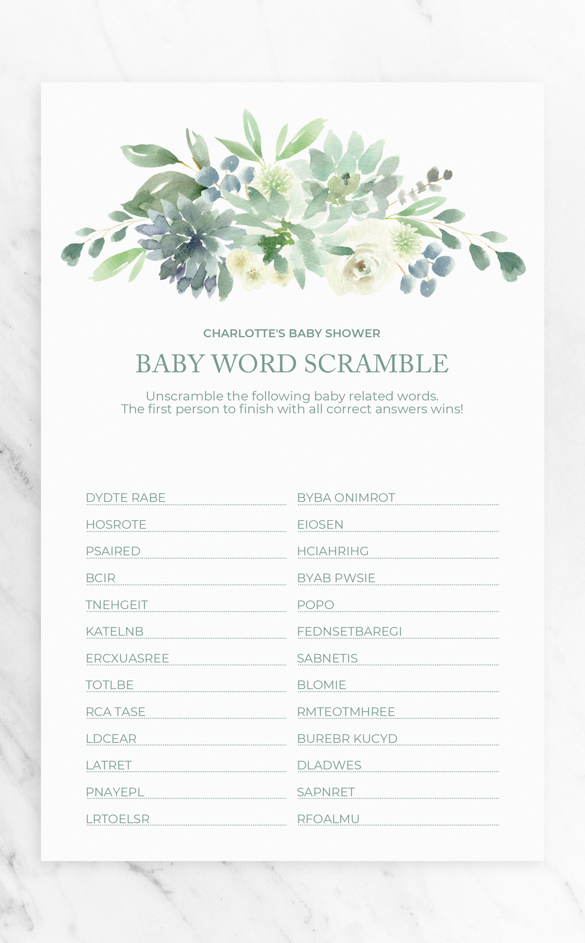succulent word Succulent Word Scramble Baby Shower Game