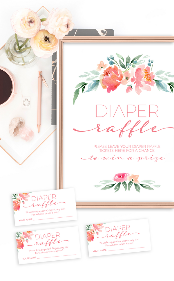 Pink floral diaper raffle sign and tickets for baby shower