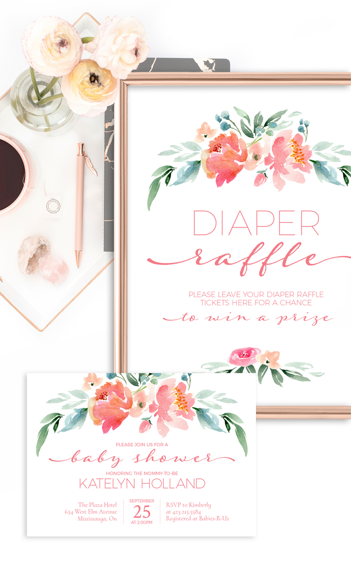 Floral Baby Shower Diaper Raffle Tickets and Sign - ARRA Creative