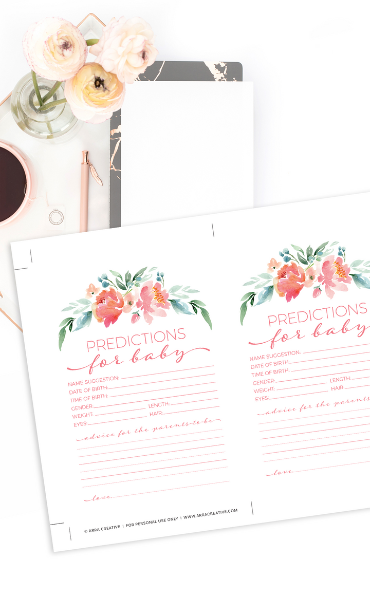Floral Baby Shower Predictions and Advice Cards - ARRA Creative