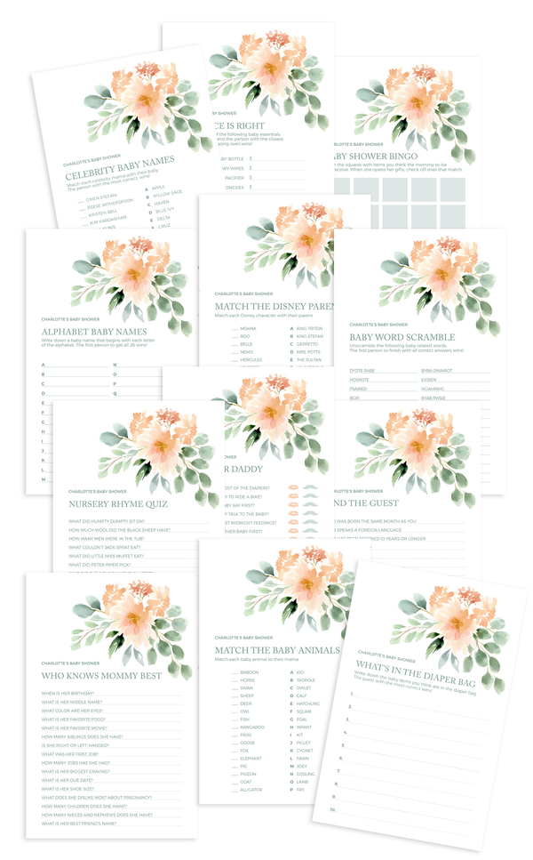 Set of 12 Printable Floral Baby Shower Games - ARRA Creative