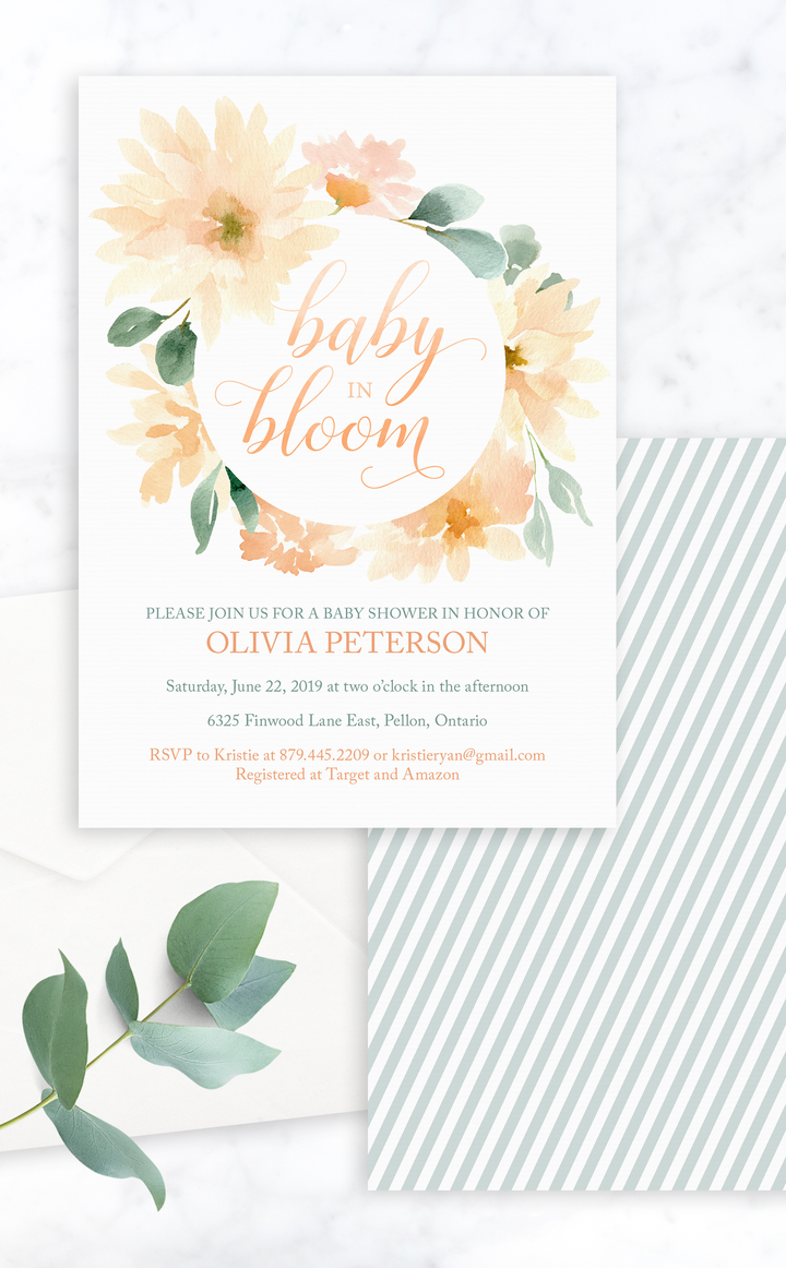 Baby in Bloom printable baby shower invitation with peach floral wreath and greenery