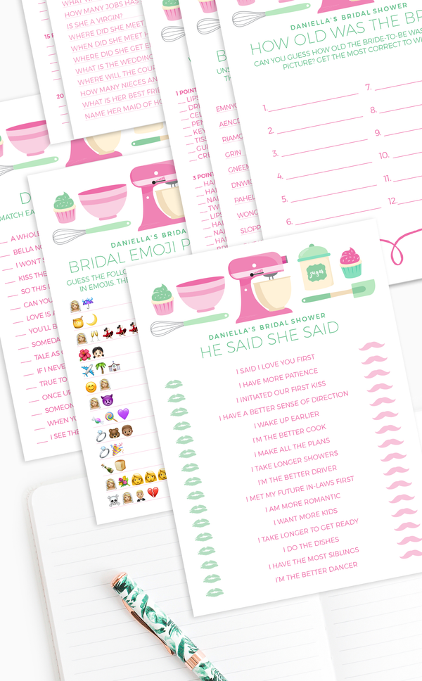 8 bridal shower game cards for a baking or kitchen themed bridal shower, pink and mint
