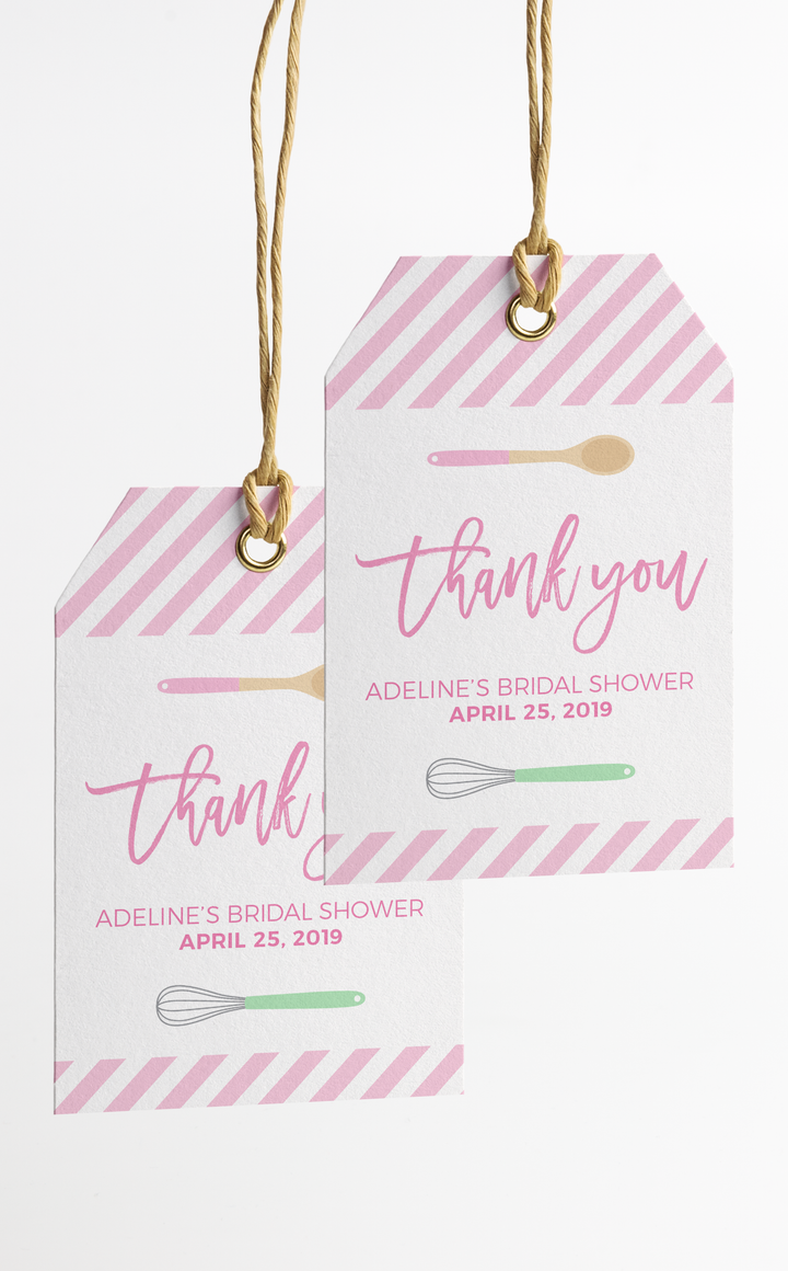 Pink and white baking themed bridal shower thank you tags with wooden spoon and whisk