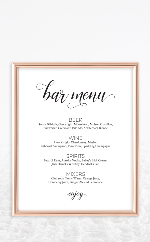 Printable black and white Wedding bar menu sign