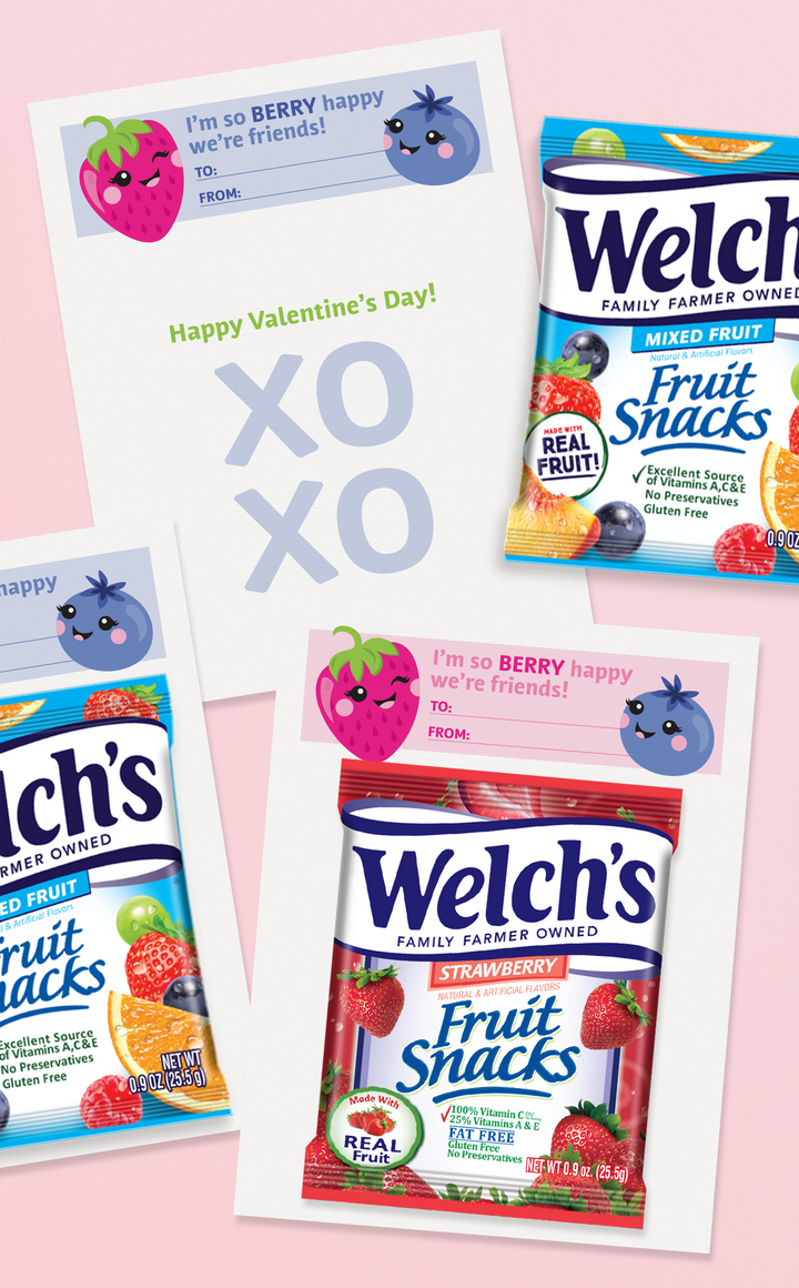 Printable fruit snacks Valentine cards for kids to handout to school classmates