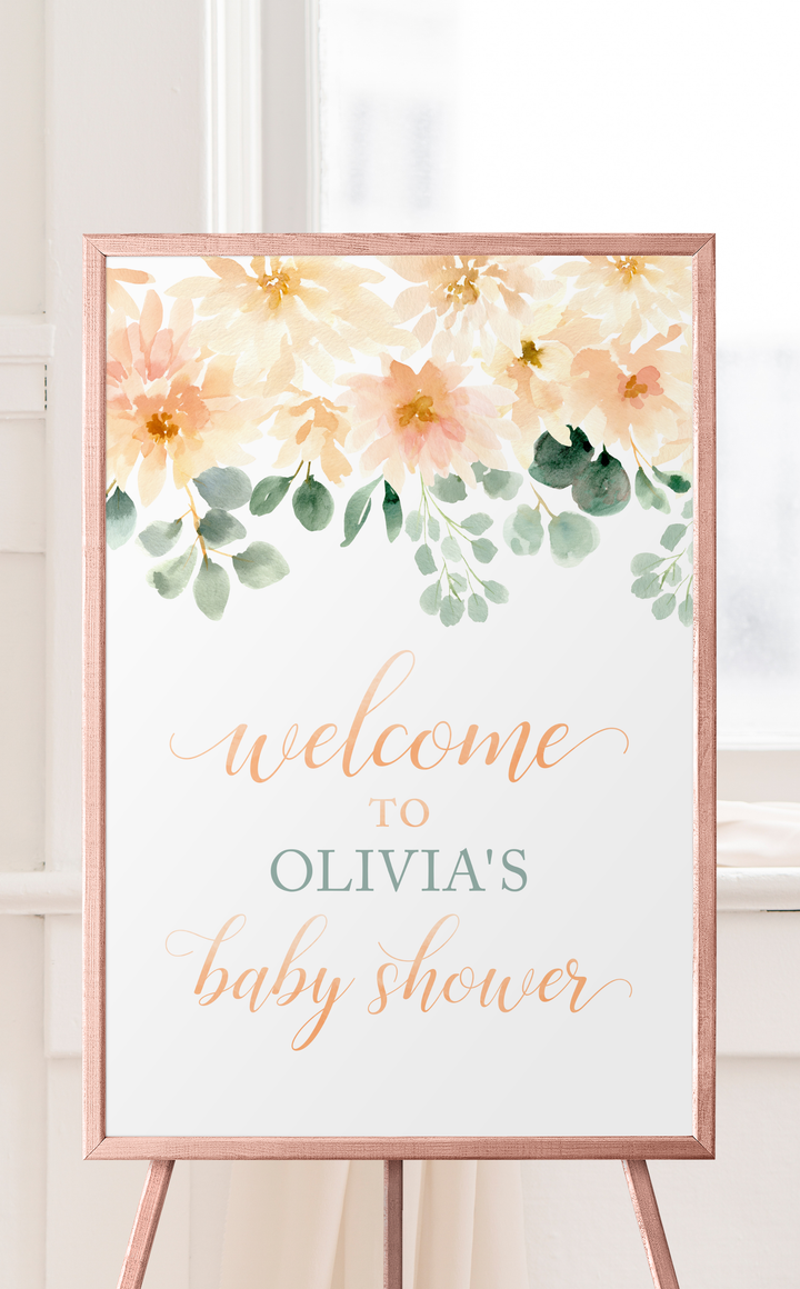 Peach Floral Printable Baby Shower Welcome Sign - ARRA Creative