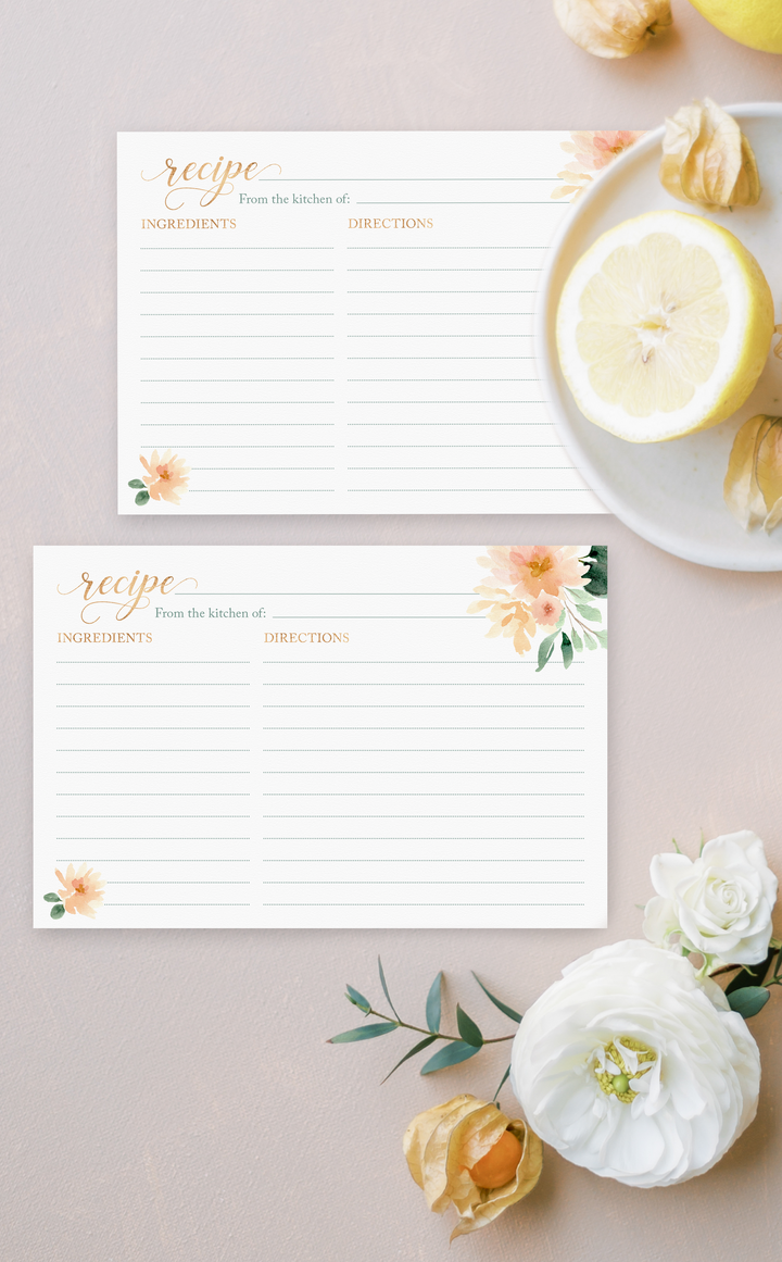 Floral recipe cards for Bridal Shower - Printable Instant Download File