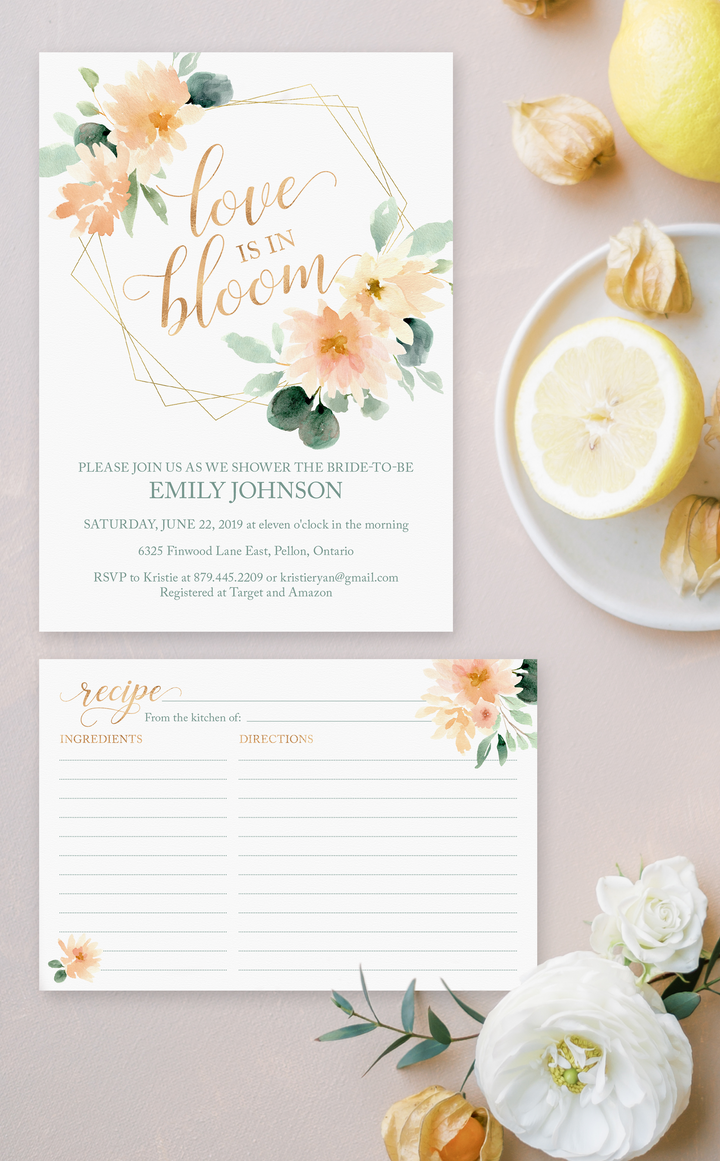 Floral recipe cards and love is in bloom bridal shower invitation