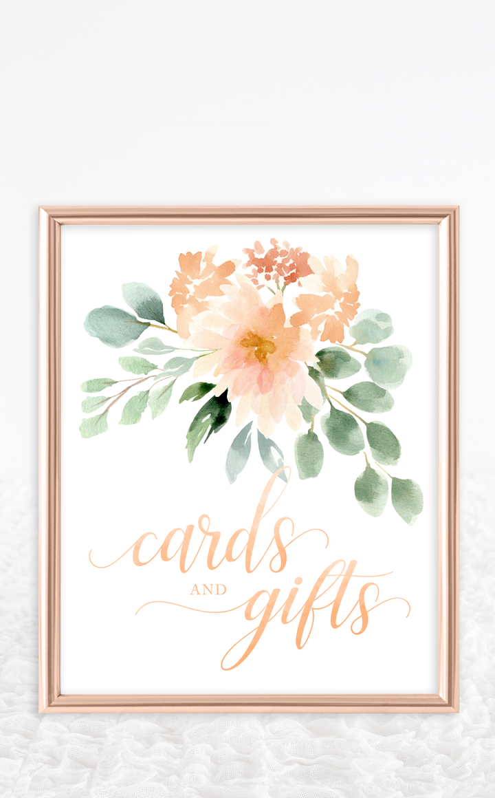 Peach floral cards and gifts sign to display at Baby Shower or Bridal Shower