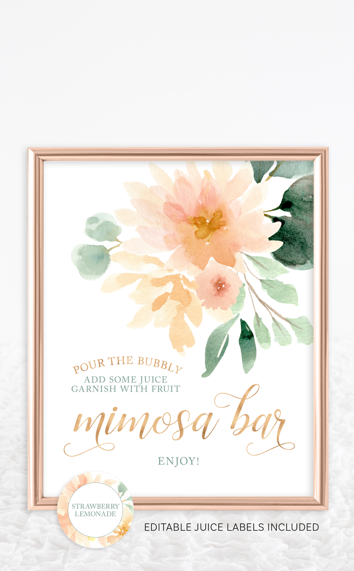 Peach Floral Bridal Shower Mimosa Bar Sign - ARRA Creative