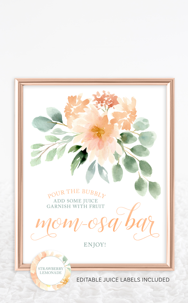 Mom-osa bar sign for baby shower with peach floral design