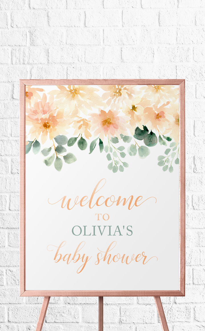 Peach Floral Printable Baby Shower Welcome Sign - ARRA Creative
