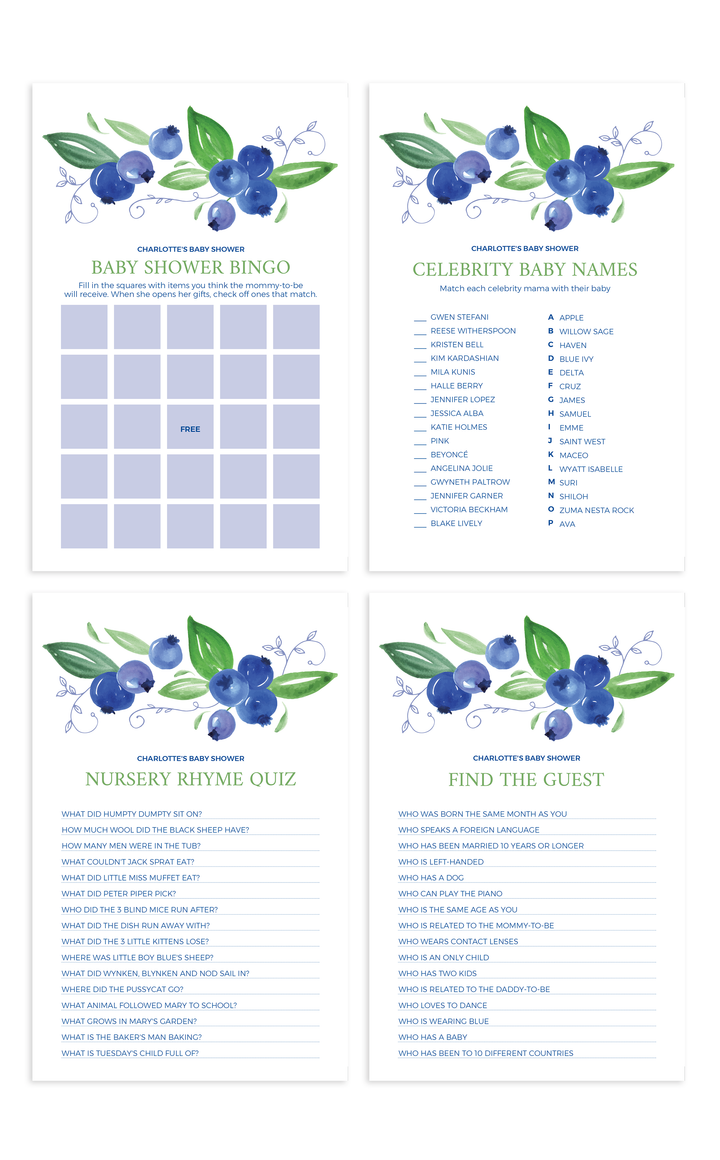 Set of 12 Blueberry Baby Shower Games - ARRA Creative