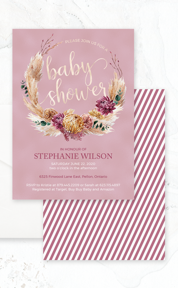 Boho Chic Baby Shower Invitation with lush floral design in mauve and gold