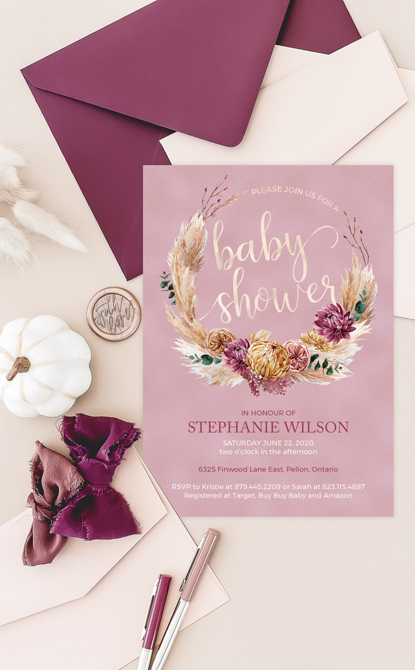 Boho Chic Baby Shower Invitation with lush floral design