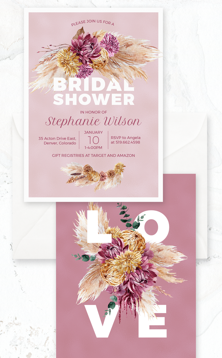 Boho Chic bridal shower invitation template with lush florals in white and mauve